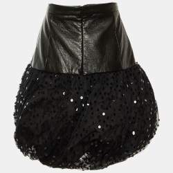 مملوكة مسبقًا Saint Laurent Black Leather & Sequin Tulle Mini Skirt L 