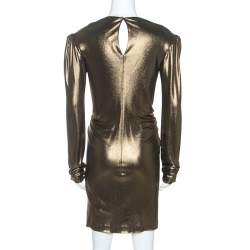 Saint Laurent Paris Gold Stretch Knit Gathered Waist Detail Dress M