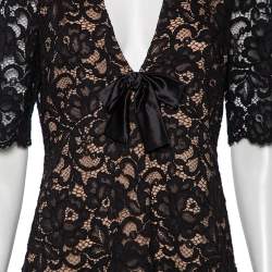 Saint Laurent Black Floral Lace & Silk Bow Detail V-Neck Dress L 