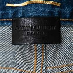 Pre Owned Saint Laurent Blue Denim Logo Embroidered Shorts M