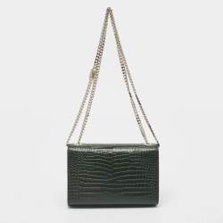 Saint Laurent Green Croc Embossed Leather New Small Kate Wallet on Chain