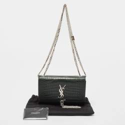 Saint Laurent Green Croc Embossed Leather New Small Kate Wallet on Chain