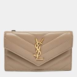Saint Laurent Beige Matelassé Leather Cassandre Zip Card Case
