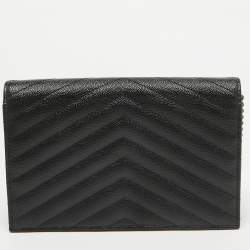 Pre Owned Saint Laurent Black Matelassé Leather Cassandre Wallet on Chain
