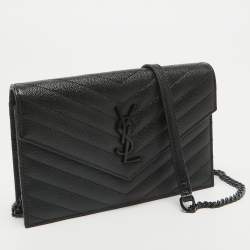 Pre Owned Saint Laurent Black Matelassé Leather Cassandre Wallet on Chain
