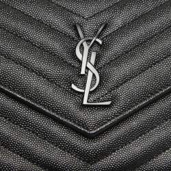 Pre Owned Saint Laurent Black Matelassé Leather Cassandre Wallet on Chain