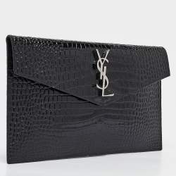 Pre Owned Saint Laurent Black Croc Embossed Leather Uptown Clutch