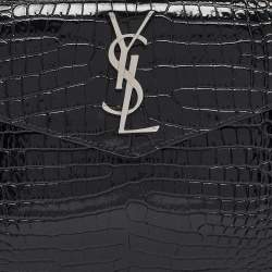 Pre Owned Saint Laurent Black Croc Embossed Leather Uptown Clutch