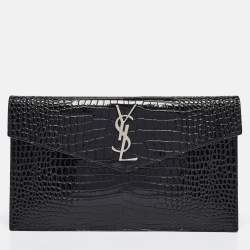 Pre Owned Saint Laurent Black Croc Embossed Leather Uptown Clutch