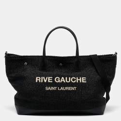 Saint Laurent Black Raffia Rive Gauche Logo Oversized Tote