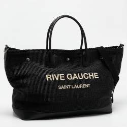 Saint Laurent Black Raffia Rive Gauche Logo Oversized Tote