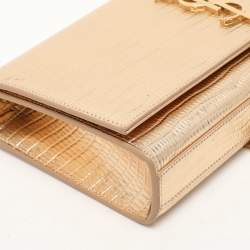 Pre Owned Saint Laurent Gold Lizard Embossed Leather Monogram Kate Tassel Clutch