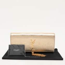 Pre Owned Saint Laurent Gold Lizard Embossed Leather Monogram Kate Tassel Clutch