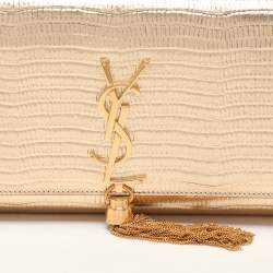 Pre Owned Saint Laurent Gold Lizard Embossed Leather Monogram Kate Tassel Clutch