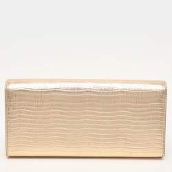 Pre Owned Saint Laurent Gold Lizard Embossed Leather Monogram Kate Tassel Clutch