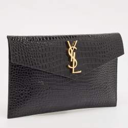 Saint Laurent Black Croc Embossed Leather Uptown Envelope Clutch
