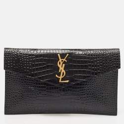 Saint Laurent Black Croc Embossed Leather Uptown Envelope Clutch