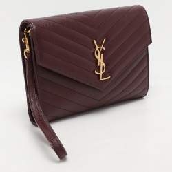Pre Owned Saint Laurent Paris Burgundy Leather Cassandre Flap Pouch