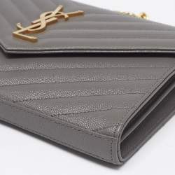 Pre Owned Saint Laurent Grey Matelassé Leather Monogram Envelope Wallet on Chain