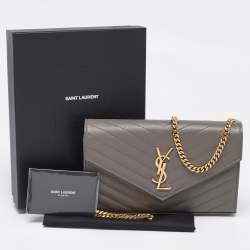 Pre Owned Saint Laurent Grey Matelassé Leather Monogram Envelope Wallet on Chain