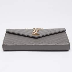 Pre Owned Saint Laurent Grey Matelassé Leather Monogram Envelope Wallet on Chain