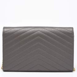 Pre Owned Saint Laurent Grey Matelassé Leather Monogram Envelope Wallet on Chain