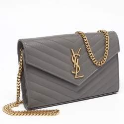 Pre Owned Saint Laurent Grey Matelassé Leather Monogram Envelope Wallet on Chain