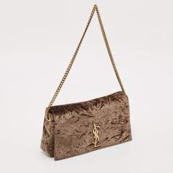Saint Laurent Brown Crinkled Velvet Kate 99 Wallet On Chain