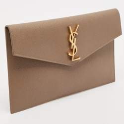 Pre Owned Saint Laurent Taupe Grey Leather Uptown Clutch