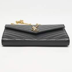 Saint Laurent Black Matelassé Leather Cassandre Envelope Wallet on Chain