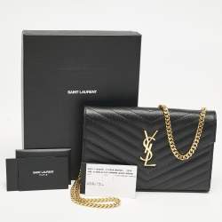 Saint Laurent Black Matelassé Leather Cassandre Envelope Wallet on Chain