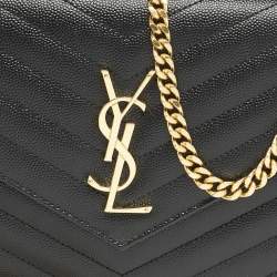 Saint Laurent Black Matelassé Leather Cassandre Envelope Wallet on Chain
