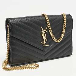 Saint Laurent Black Matelassé Leather Cassandre Envelope Wallet on Chain