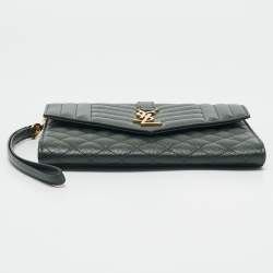 Saint Laurent Green Mixed Quilted Leather Envelope Flap Wristlet Clutch 
