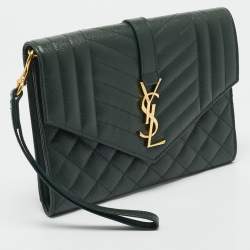 Saint Laurent Green Mixed Quilted Leather Envelope Flap Wristlet Clutch 