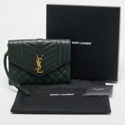 Saint Laurent Green Mixed Quilted Leather Envelope Flap Wristlet Clutch 