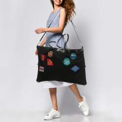 Pre Owned Saint Laurent Black Canvas Large Patchwork Flat Shopper Tote