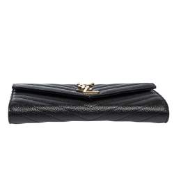 Pre Owned Saint Laurent Paris Black Matelassé Leather Monogram Flap Wallet