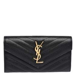 Pre Owned Saint Laurent Paris Black Matelassé Leather Monogram Flap Wallet
