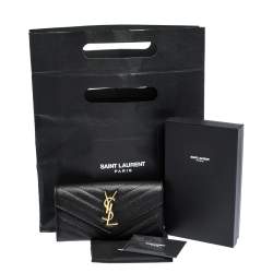 Pre Owned Saint Laurent Paris Black Matelassé Leather Monogram Flap Wallet