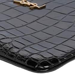 مملوكة مسبقًا Saint Laurent Black Croc Embossed Leather Monogram Wristlet Pouch