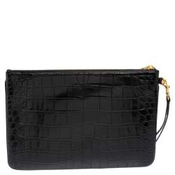 مملوكة مسبقًا Saint Laurent Black Croc Embossed Leather Monogram Wristlet Pouch