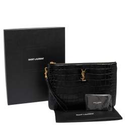 مملوكة مسبقًا Saint Laurent Black Croc Embossed Leather Monogram Wristlet Pouch