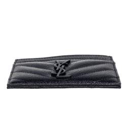 Pre Owned Saint Laurent Black Matelassé Leather Monogram Card Holder