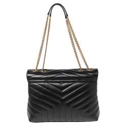 Pre Owned Saint Laurent Black Matelassé Leather Medium Loulou Shoulder Bag