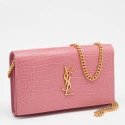 مملوكة مسبقًا Saint Laurent Paris Pink Croc Embossed Leather Monogram Chain Wallet