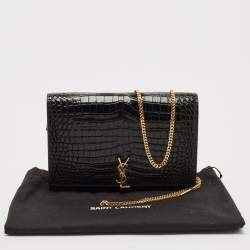Saint Laurent Black Croc Embossed Leather Monogram Wallet On Chain