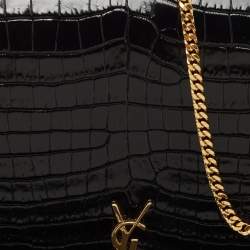 Saint Laurent Black Croc Embossed Leather Monogram Wallet On Chain