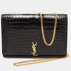 Saint Laurent Black Croc Embossed Leather Monogram Wallet On Chain