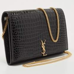 Saint Laurent Black Croc Embossed Leather Monogram Wallet On Chain